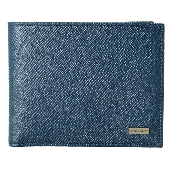 Dolce & Gabbana Ink Blue 100% Textured Leather Logo Bifold Wallet